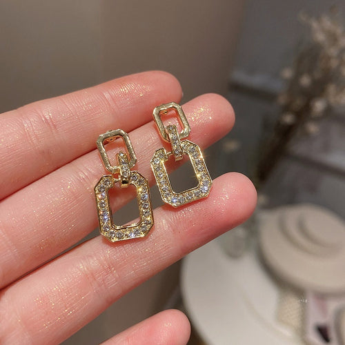 Korean Style Alloy Silver Needle Rhinestone Geometric Square Drop Earrings