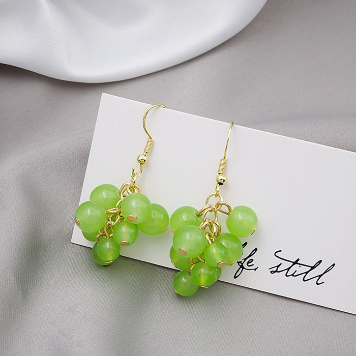 Handmade Beaded Green Grape Cluster Alloy Hook Sweet Japanese Fruit Drop Earrings