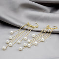 Elegant Korean Gold Alloy Long Tassel Faux Pearl Chain Drop Clip-On Statement Earrings view 3