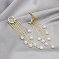 Elegant Korean Gold Alloy Long Tassel Faux Pearl Chain Drop Clip-On Statement Earrings view 2