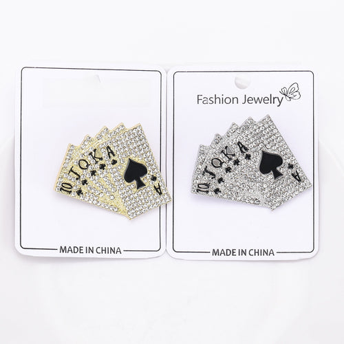 Alloy Rhinestone Poker Card Brooch Pin For Men's Suit Lapel
