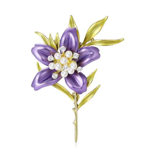 Alloy Rhinestone Pearl Enamel Lily Brooch For Floral Apparel Decoration