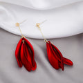 Elegant Chinese Style Red Enamel Petal Long Tassel Alloy Pearl Stud Bridal Wedding Drop Earrings view 3