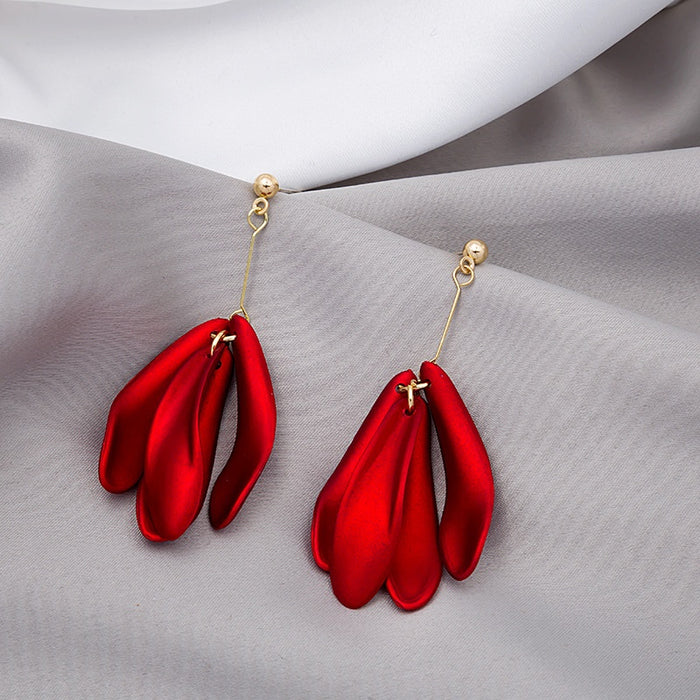 Elegant Chinese Style Red Enamel Petal Long Tassel Alloy Pearl Stud Bridal Wedding Drop Earrings