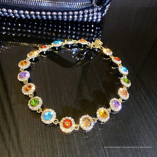 Korean Style Alloy Geometric Round Colorful Rhinestone Choker Necklace For Women