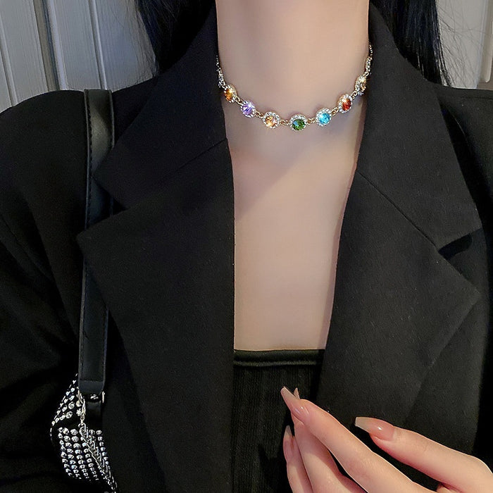Korean Style Alloy Geometric Round Colorful Rhinestone Choker Necklace For Women