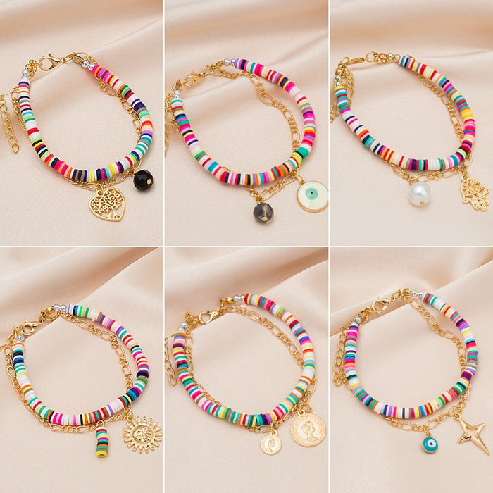 Bohemian Beach Colorful Polymer Clay Multi Layer Bracelet With Coin Sun Hand Eye Charms