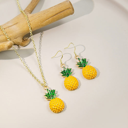 Sweet Pineapple Fruit Enamel Alloy Rhinestone Dangle Jewelry Set For Summer Women Earrings