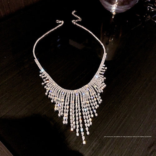 European American Geometric Alloy Rhinestone Tassel Choker Necklace For Women