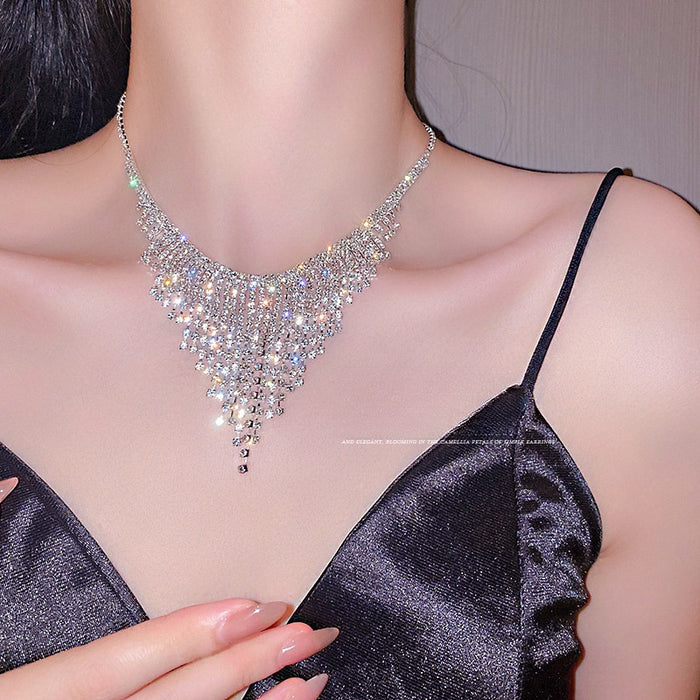 European American Geometric Alloy Rhinestone Tassel Choker Necklace For Women