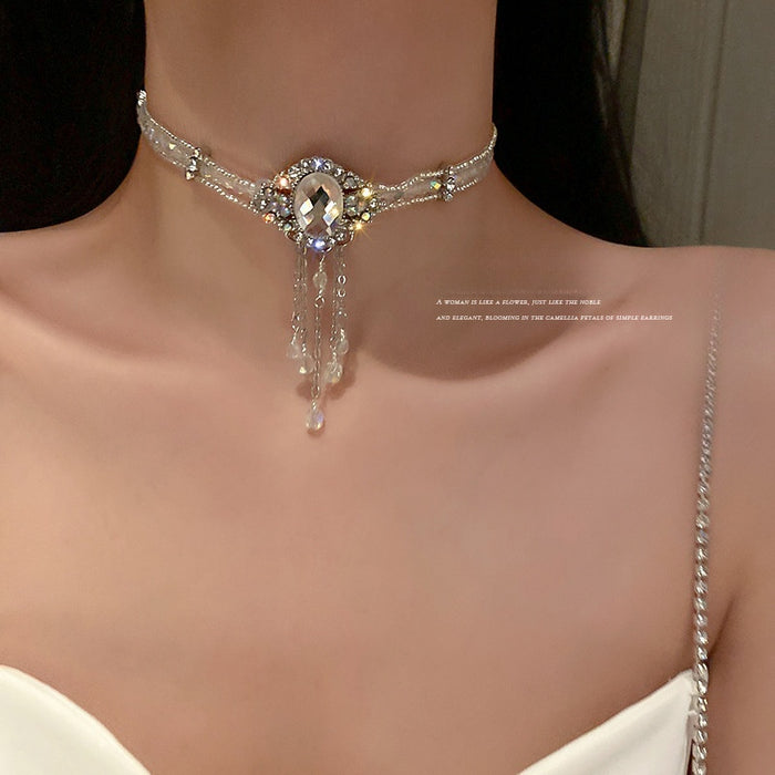 Korean Style Alloy Irregular Geometric Rhinestone Crystal Beaded Choker Necklace For Women