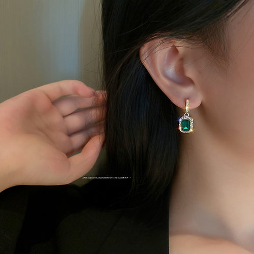 Korean Style Alloy Geometric Green Gemstone Rhinestone Drop Earrings With Silver Pins