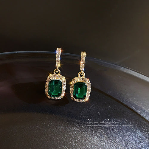 Korean Style Alloy Geometric Green Gemstone Rhinestone Drop Earrings With Silver Pins