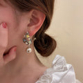Korean Alloy Pearl Rhinestone Flower Drop Earrings, Statement Fashion Floral Design view 3