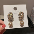 Korean Alloy Pearl Rhinestone Flower Drop Earrings, Statement Fashion Floral Design view 4