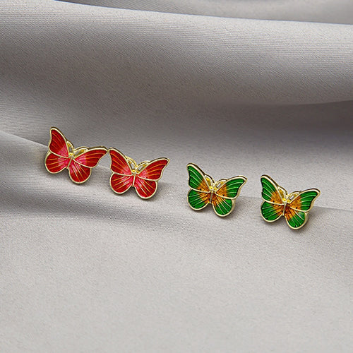 French Oil Painting Style Colorful Enamel Mini Butterfly Studs Elegant Silver Needle Fashion Earrings