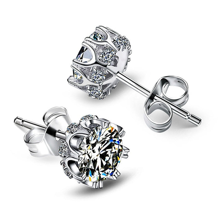 Classic Round Zircon Stud Earrings Eight Prong Snowflake Copper Platinum Plated Ear Jewelry