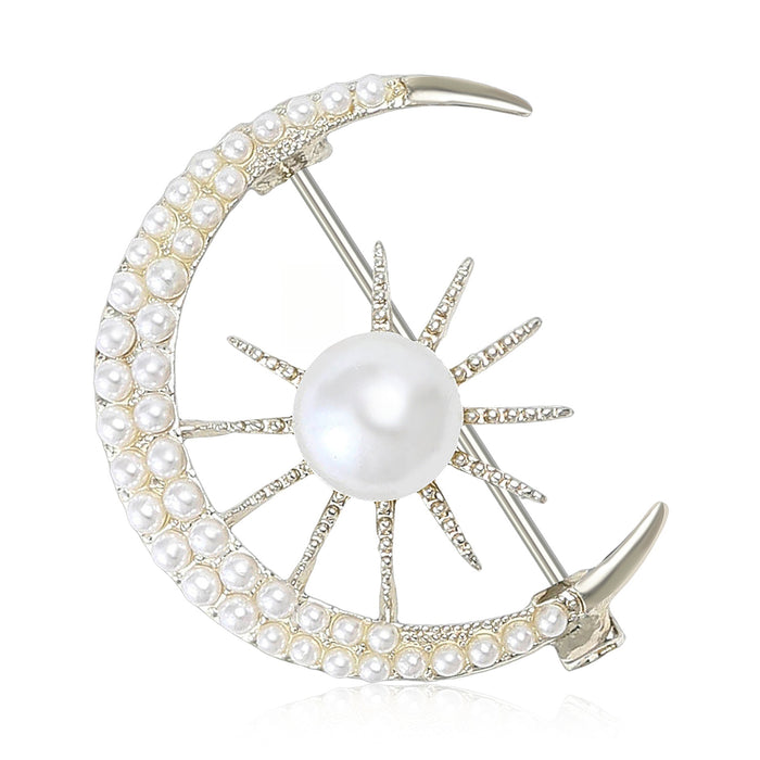 Alloy Rhinestone Pearl Sun Moon Brooch For Women Apparel
