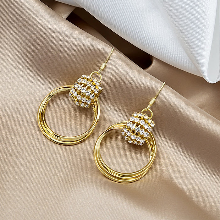 Luxury Rhinestone Ball Multi Layer Geometric Gold Hoop Dangle Earrings Elegant Statement Alloy Earrings