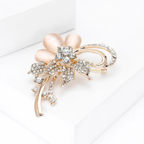 Alloy Cat Eye Stone Flower Brooch Pin For Elegant Dress Decoration