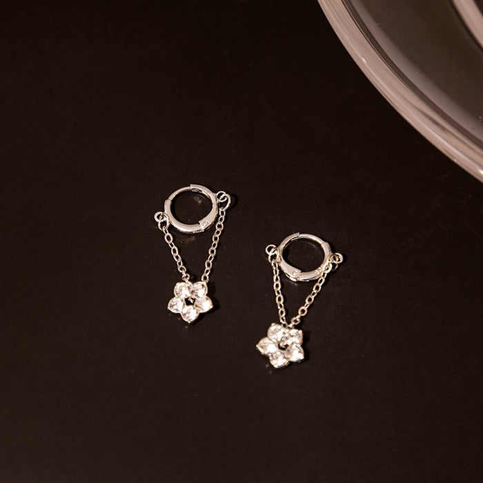 Korean Sparkly Rhinestone Flower Chain Huggie Hoop Elegant Small Alloy Ear Cuff Earrings