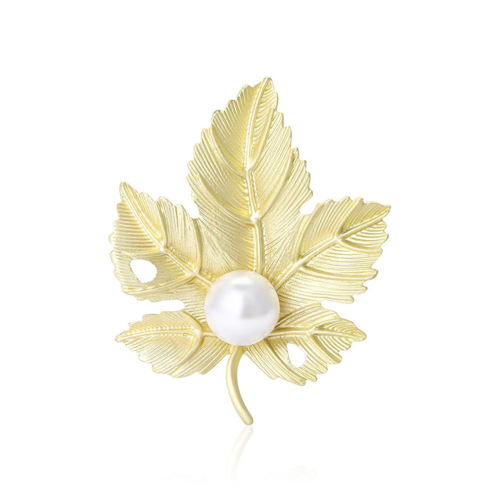 Matte Gold Alloy Pearl Leaf Brooch Simple Lapel Pin For Coats