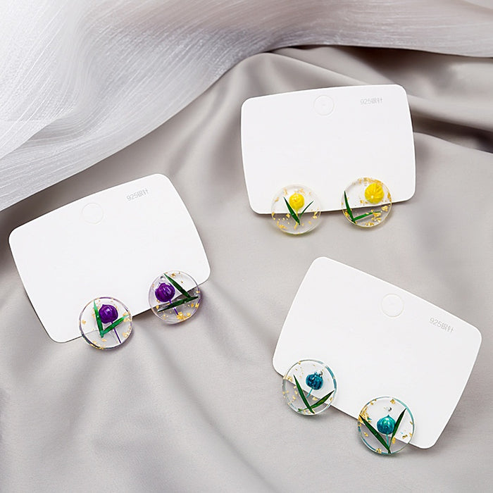 Fresh Round Clear Acrylic Dried Flower Stud Earrings With 925 Silver Pin Elegant Summer Earrings