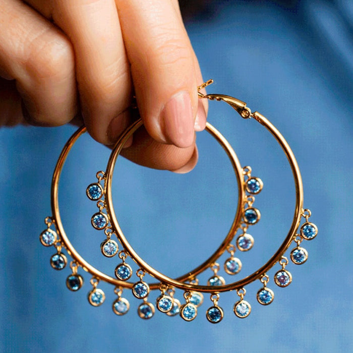 Bohemian Large Hoop Earrings With Ocean Blue Zircon, Fashion Round Ear Hoops For Women