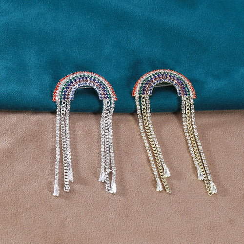 Rhinestone Rainbow Tassel Chain Brooch Pin For Suit Lapels