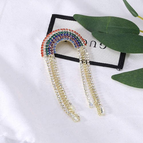 Rhinestone Rainbow Tassel Chain Brooch Pin For Suit Lapels