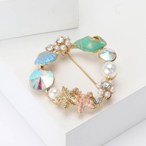 Alloy Rhinestone Starfish Conch Brooch Pin For Women's Apparel