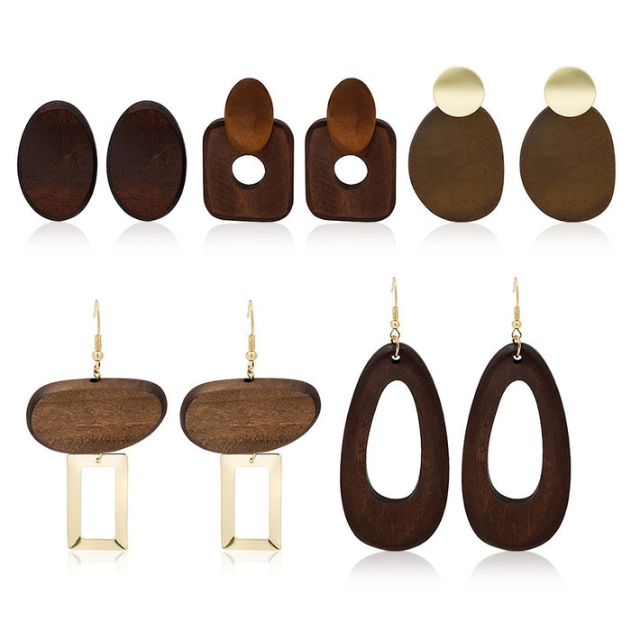 Vintage Bohemian Geometric Wood And Alloy Drop Earrings For Women Hollow Teardrop Statement Earrings