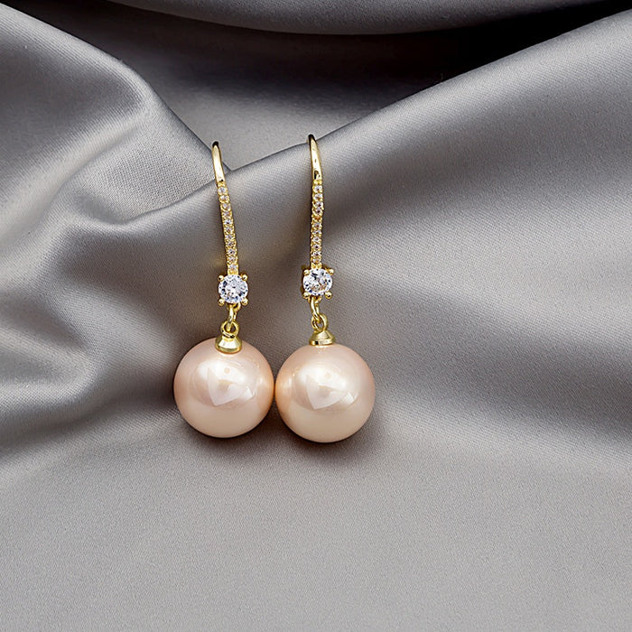 Elegant Korean Micro Paved Zircon Hook Dangle Earrings With Large Pearl Drops For Women Luxury Earrings