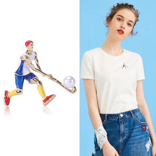 Alloy Enamel Cartoon Hockey Player Brooch Pin For Sports Gifts