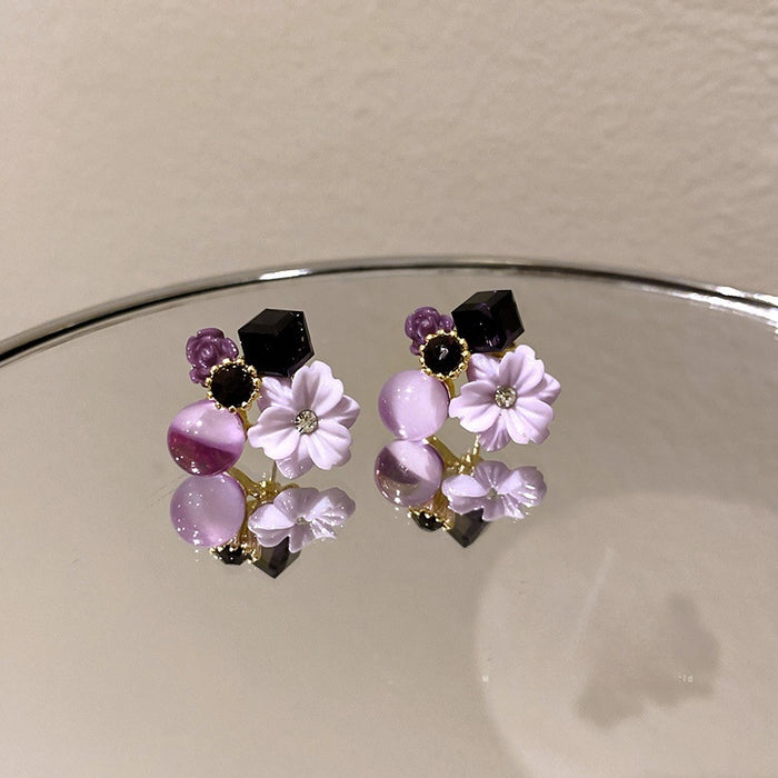 Korean Style Alloy Flower Stud Earrings With Cat Eye Stone And Crystal Vintage Sweet Design