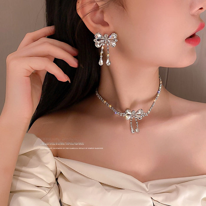 Alloy Rhinestone Bow Jewelry Set With Choker Necklace Earrings Bracelet For Women