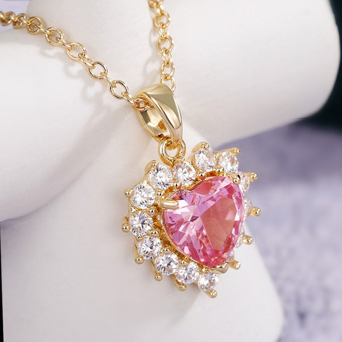 Simple Pink Zircon Heart Pendant Necklace For Women, Cute Versatile Fashion Jewelry