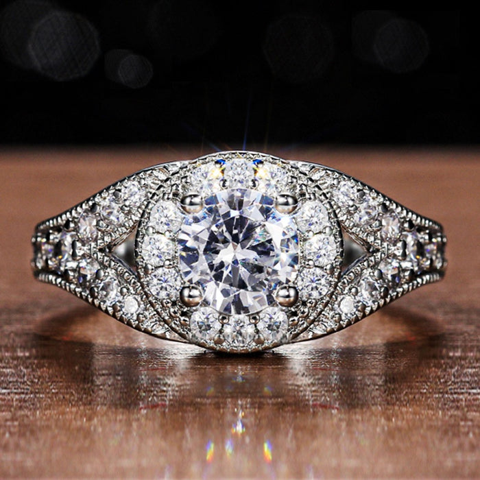 Sparkling Micro Pave Round Simulated Cubic Zirconia Ring For Women, Engagement Jewelry