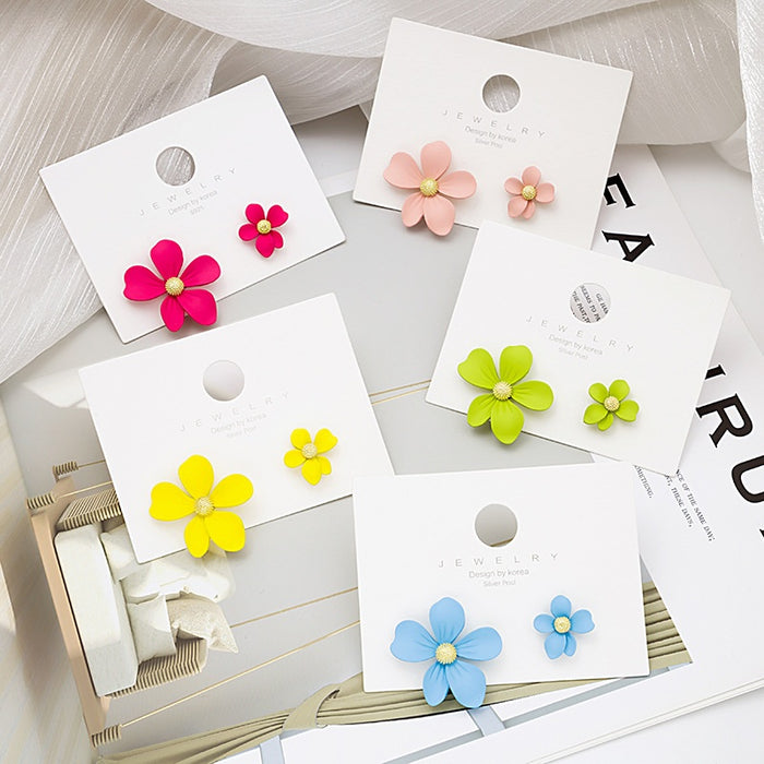 Korean Summer Fresh Asymmetric Candy Color Painted Flower Stud Alloy Silver Needle Earrings