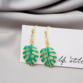 Bohemian Green Enamel Monstera Palm Leaf Alloy Dangle Hooks With Rhinestone Accent Earrings view 4
