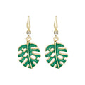 Bohemian Green Enamel Monstera Palm Leaf Alloy Dangle Hooks With Rhinestone Accent Earrings view 5