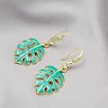 Bohemian Green Enamel Monstera Palm Leaf Alloy Dangle Hooks With Rhinestone Accent Earrings view 2