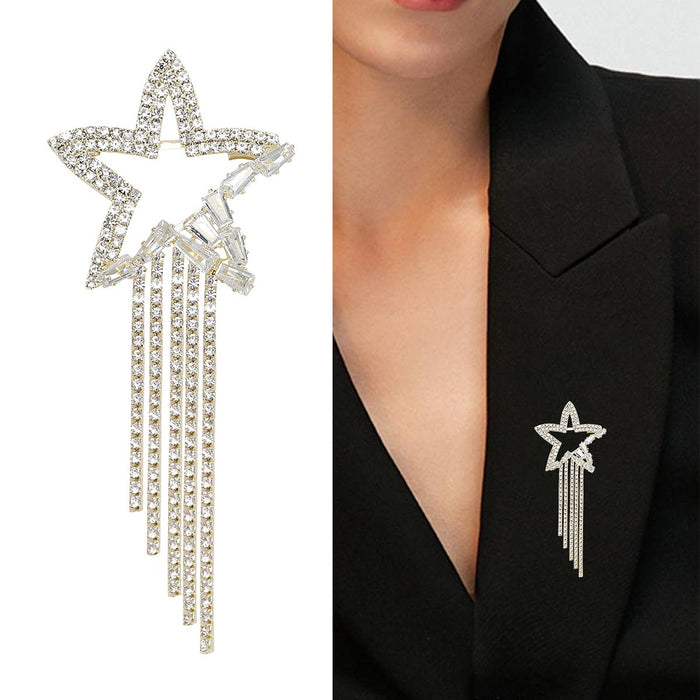 Alloy Rhinestone Star Tassel Brooch Pin For Collar And Lapel Decor