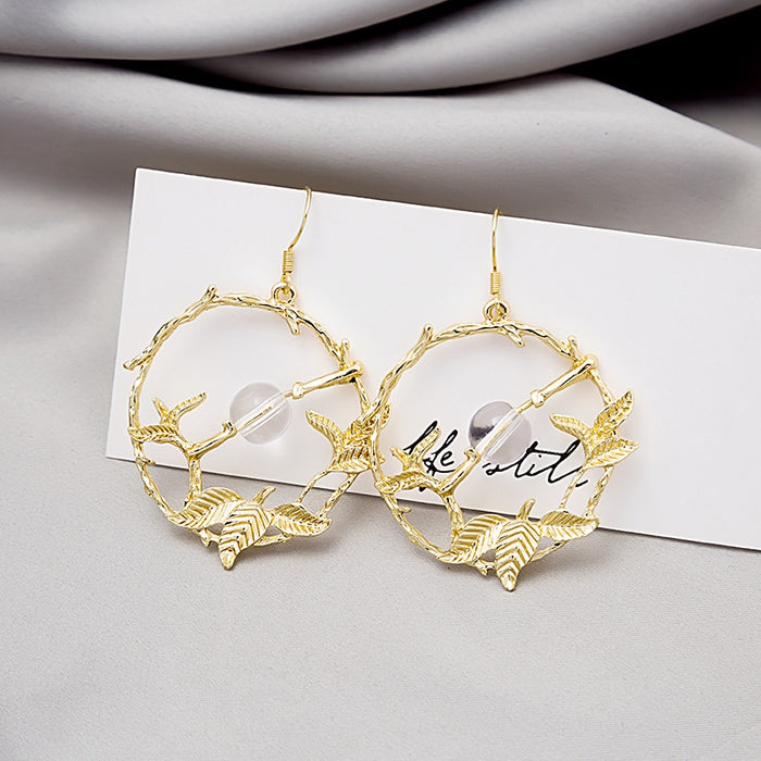 Vintage Gold Alloy Hollow Leaf Branch Hoop Bead Drop Earrings For Women Elegant Fashion Earrings