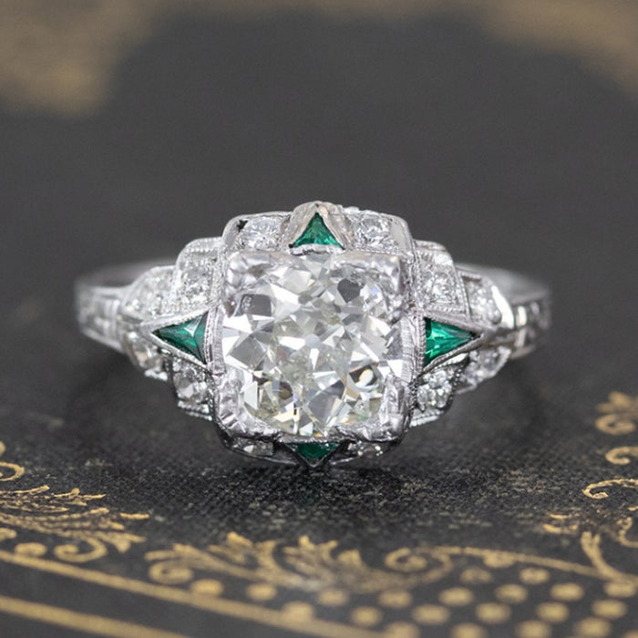 European Vintage Emerald Green Zircon Ring For Women Wedding Anniversary Jewelry