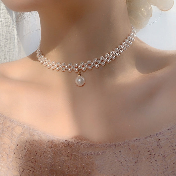 2026 Korean Style Faux Pearl Woven Choker Necklace For Women, Geometric Round Summer Collarbone Chain