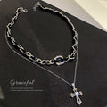 Vintage Alloy Faux Leather Rhinestone Cross Double Layer Necklace For Women view 4
