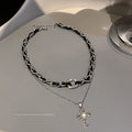 Vintage Alloy Faux Leather Rhinestone Cross Double Layer Necklace For Women view 2