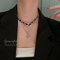 Vintage Alloy Faux Leather Rhinestone Cross Double Layer Necklace For Women view 3