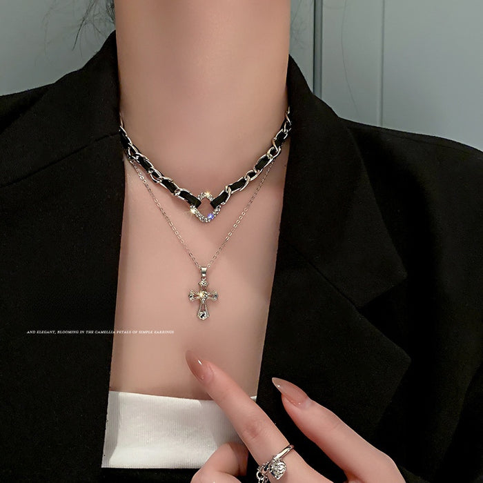 Vintage Alloy Faux Leather Rhinestone Cross Double Layer Necklace For Women